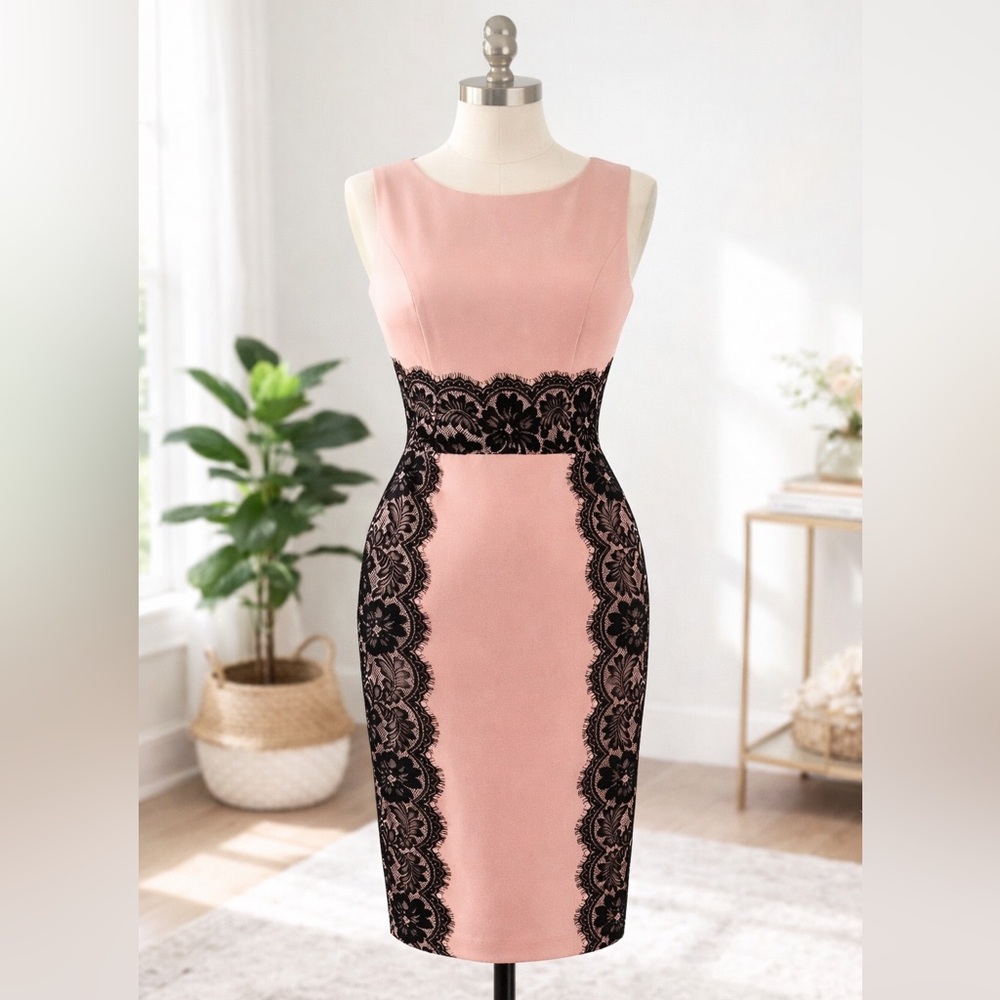 ✨BRAND NEW! 🌟Elegant Pink Lace-Panel Sheath Dress